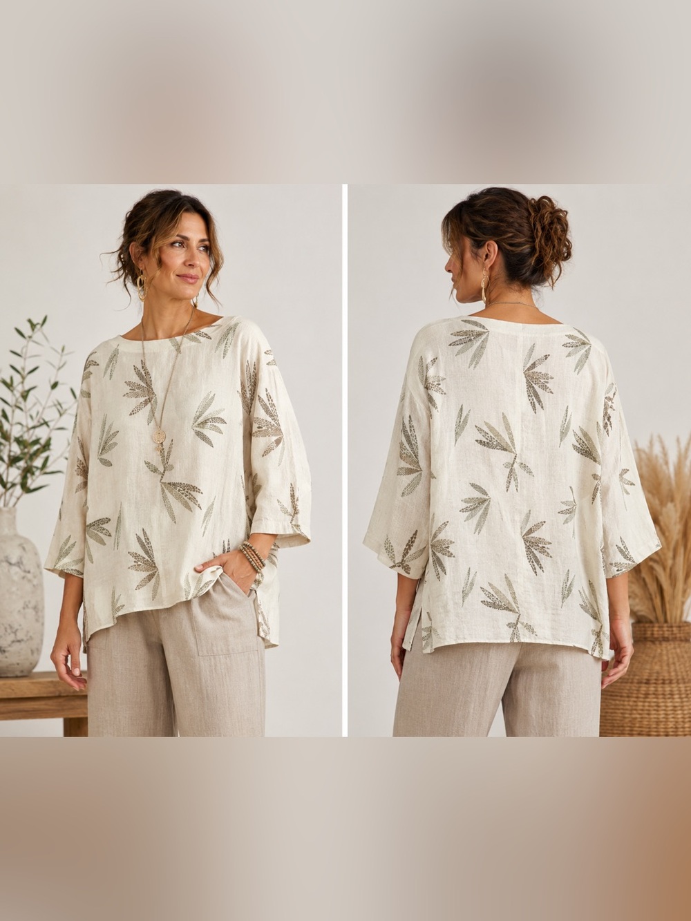 Charter Club Luxury‎ 100% Linen Leaf Print Tunic Top XL Beige Relaxed Boho